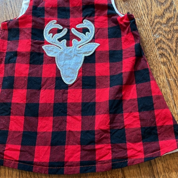 RED AND BLACK BUFFALO PLAID WITH GREY REINDEER DRESS - 12M - Picture 4 of 10